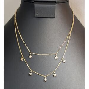 Dainty Dangling Stars Double Strand Gold Tone Chain Necklace